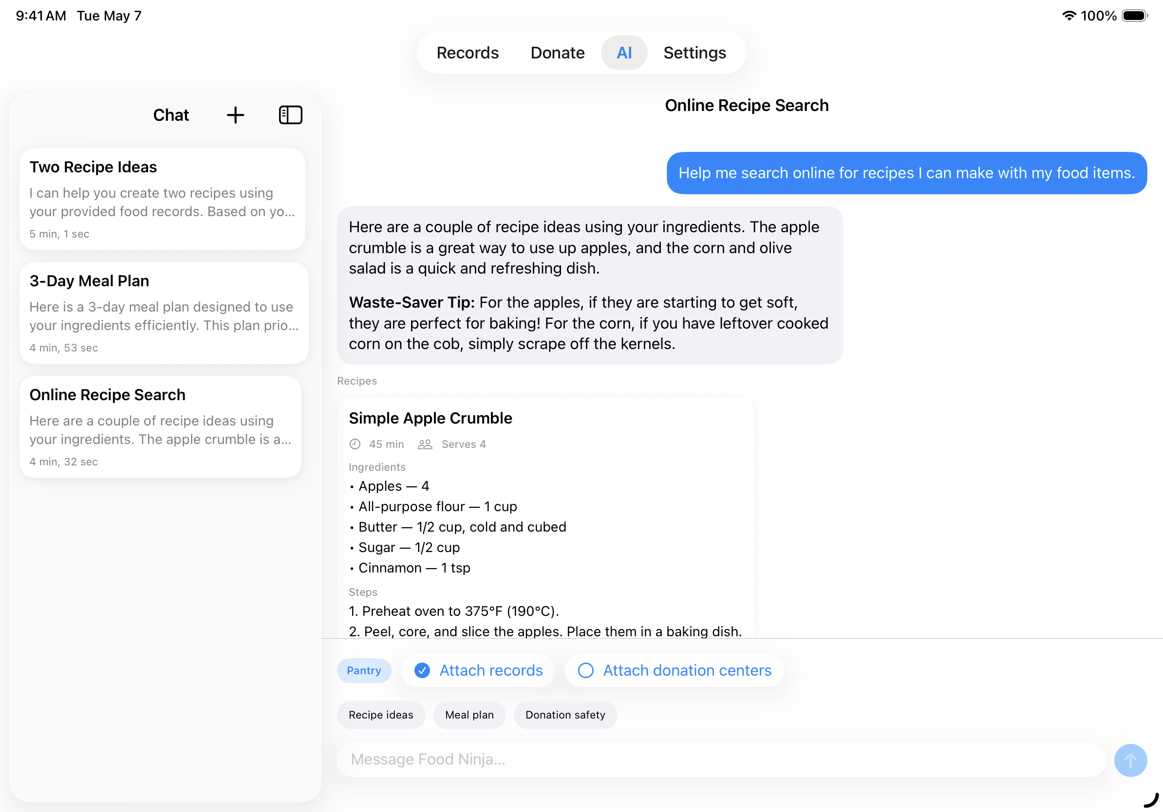 AI chat screen with recipe and meal plan cards